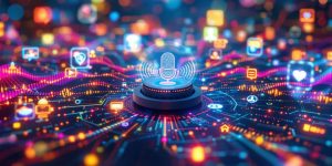 Futuristic voice search device with vibrant sound waves.