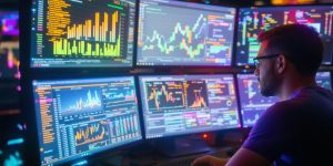 Person analyzing SEO data on multiple vibrant screens.