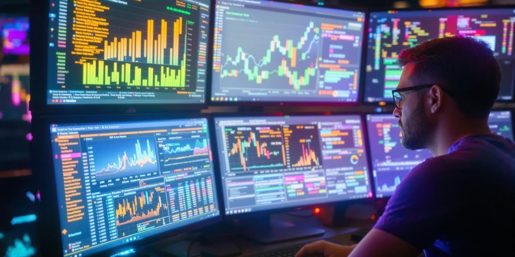 Person analyzing SEO data on multiple vibrant screens.
