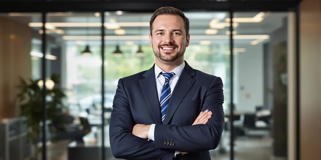Confident leader in a modern office setting.