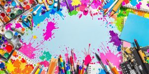 A collage of colorful creative tools and materials.