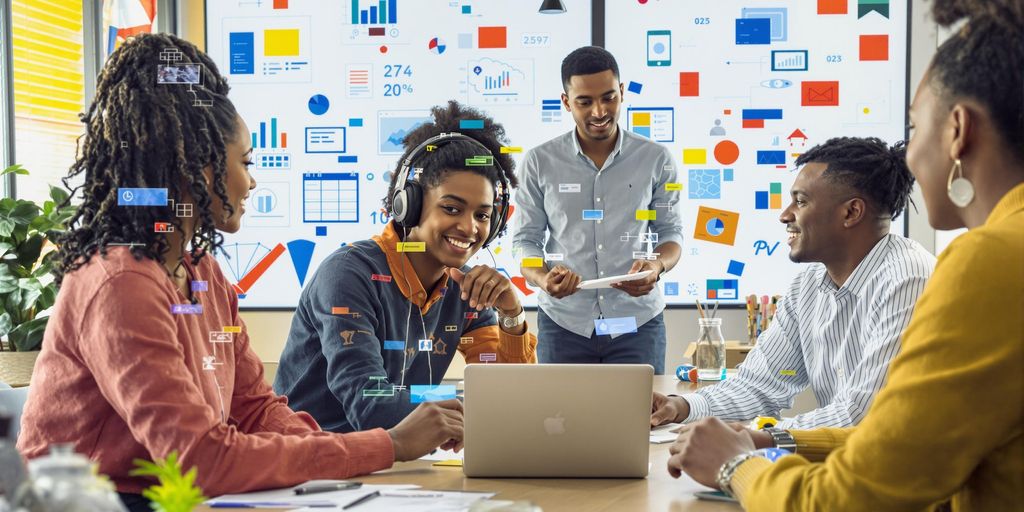 Diverse professionals collaborating in a vibrant workspace.