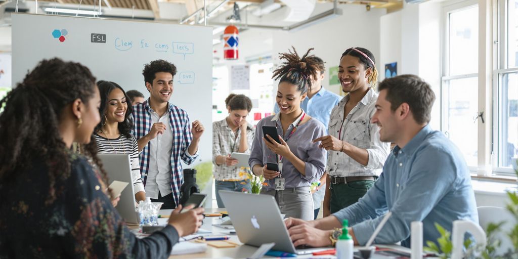 Diverse team collaborating in a bright modern workspace.
