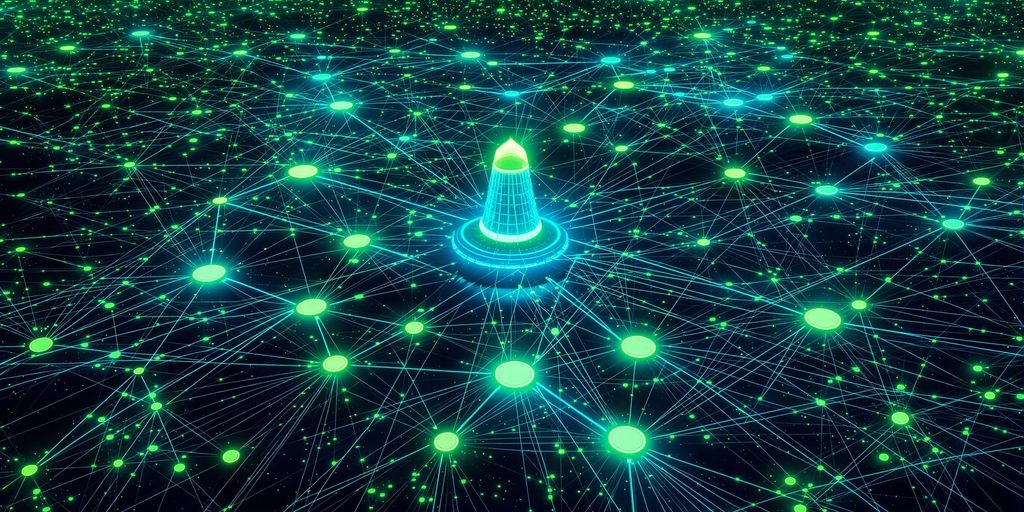 Illustration of digital landscape with interconnected nodes and pathways.